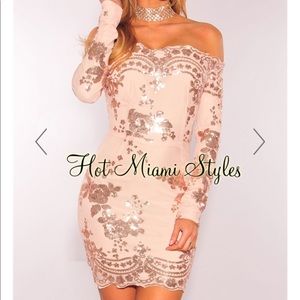 Rose Gold Floral Sequin Off Shoulder Dress